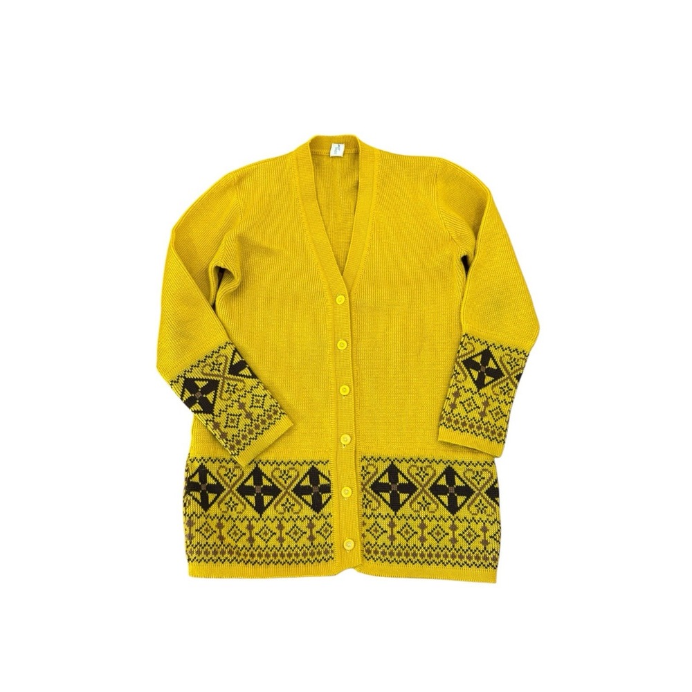 Vtg 70s Women's Cardigan Mustard Yellow Brown Geometric Pattern Sz M Boho
